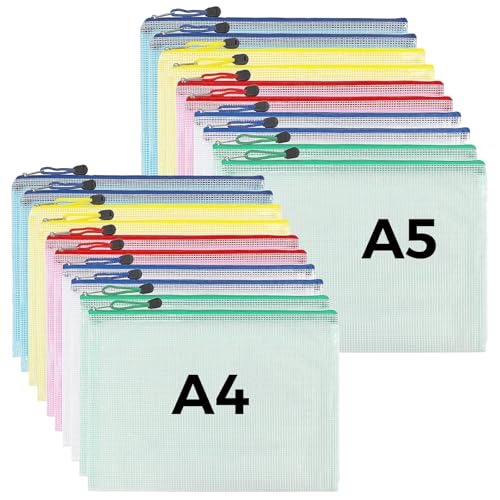 KOOSREEL A4+A5 Dokumententasche mit Reißverschluss-20PCS,Kunststoffmappe in 5 Farben, zur Aufbewahrung von kleinen Gegenständen, Kosmetika, Reisezubehör usw. von KOOSREEL