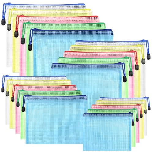 KOOSREEL Dokumententasche mit Reißverschluss, A3/A4/A5/A6, 5 Farben, PVC, transparent, Dokumententasche, Reißverschluss, Netzstoff, für Reisen, für Büro, Reise, Zubehör (20 Stück) von KOOSREEL