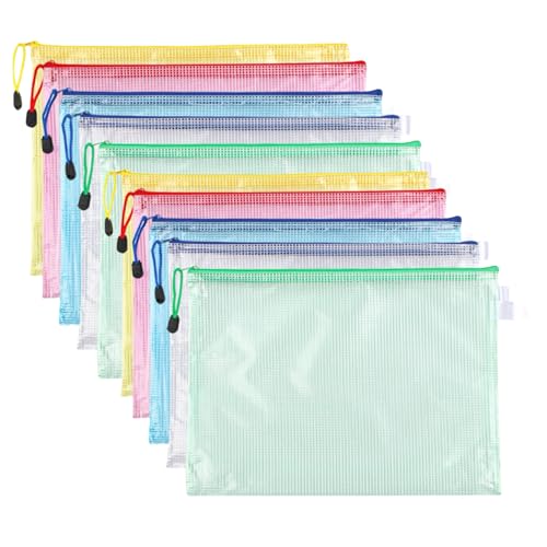 Dokumententasche mit Reißverschluss, A4, 5 Farben, PVC, transparent, Dokumententasche, Reißverschluss, Netzstoff, für Reisen, für Büro, Reise, Zubehör (10 Stück) von KOOSREEL
