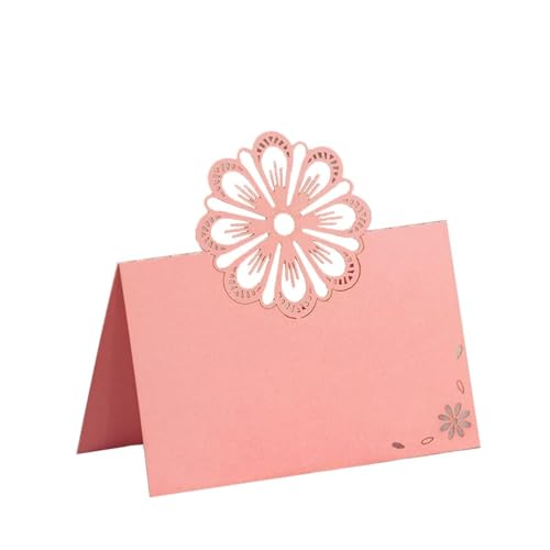 KOSTOO Tischkarte für Hochzeit, Braut, Dusche, Abendessen, Empfang, Bankett, Buffet, Tischkarten für Tische, gekerbt für einfaches Falten, hohles Blumen-Design, 50 Stück (Rosa) von KOSTOO