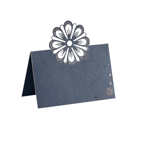 KOSTOO Tischkarte für Hochzeit, Braut, Dusche, Abendessen, Empfang, Bankett, Buffet, Tischkarten für Tische, gekerbt für einfaches Falten, hohles Blumendesign, 50 Stück (Marineblau) von KOSTOO