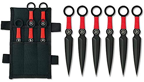 6er Expendables Wurfmesser Profi Kunai ca. 15,7cm - Throwing Knife - schnelles Werfen Messer Edelstahl - Trainingsmesser - Gürtelmesser - Messer Set inklusive Holster aus Nylon schwarz, rot von KOSxBO