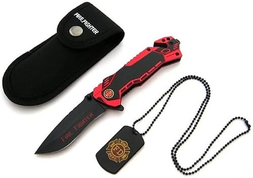 KOSxBO® Firefighter Rescue Knife EMS Rettungsmesser mit Glasbrecher, Gurtschneider, Messertasche und Dog Tag, Feuerwehr Messer schwarz rot von KOSxBO