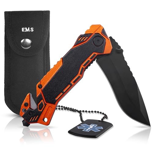 KOSxBO Rescue Knife EMS Rettungsmesser mit Glasbrecher und Gurtschneider inkl. Messertasche und Dog Tag - Messer Taschenmesser Outdoor Messer Klappmesser Survival Camping von KOSxBO