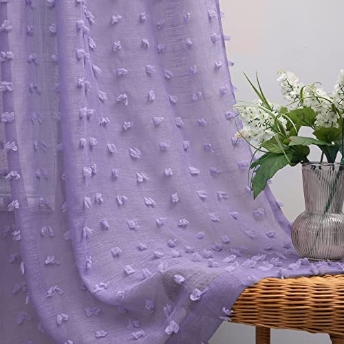 Durchscheinende Vorhänge, für Mädchen-Schlafzimmer, Kinderzimmer, rückseitige Stangenschlaufen, halb-getuftet, Pompons, strukturiert, für Wohnzimmer, 2 Paneele, 244 cm lang, Lavendelviolett von KOUFALL