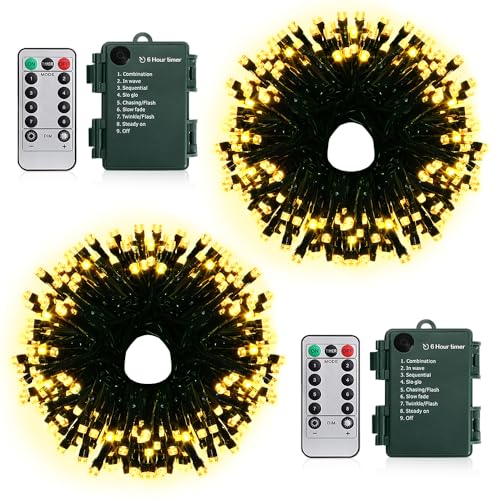 KOUQIYA Batteriebetriebene Lichterkette mit Fernbedienung, 2 Stück, 50 LEDs, dunkelgrüner Draht mit Timer, 8 Modi für Party, Weihnachtsbaumdekoration (warmweiß, 50 LEDs x 2 Stück) von KOUQIYA