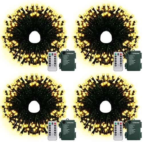 KOUQIYA Batteriebetriebene Lichterkette mit Fernbedienung, 2 Stück, 50 LEDs, dunkelgrüner Draht mit Timer, 8 Modi für Party, Weihnachtsbaumdekoration (warmweiß, 50 LEDs x 4 Stück) von KOUQIYA