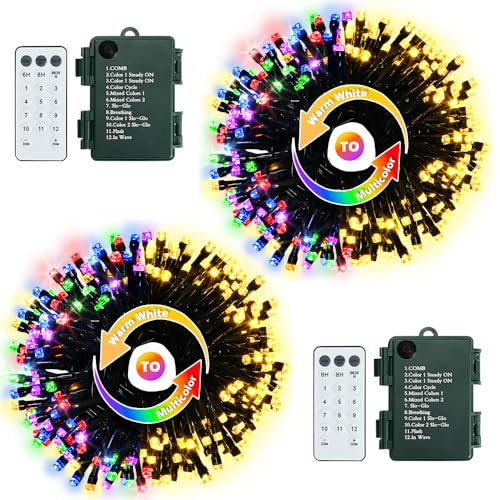 KOUQIYA Batteriebetriebene Lichterkette mit Fernbedienung, 2 Stück, 50 LEDs, dunkelgrüner Draht mit Timer, 8 Modi für Party, Weihnachtsbaumdekoration (warmweiß und mehrfarbig, 50 LEDs x 2 Stück) von KOUQIYA