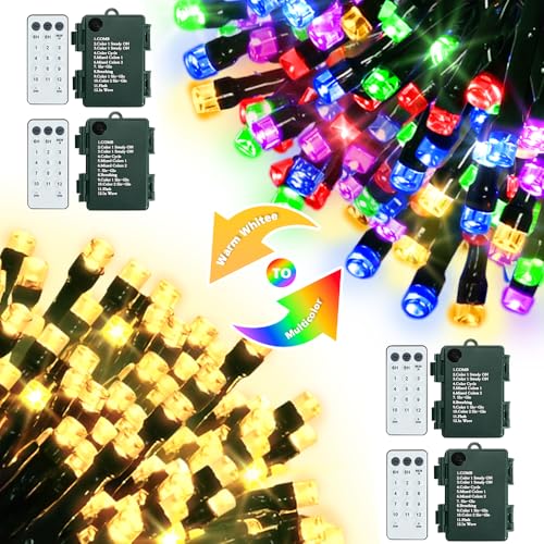 KOUQIYA Batteriebetriebene Lichterkette mit Fernbedienung, 2 Stück, 50 LEDs, dunkelgrüner Draht mit Timer, 8 Modi für Party, Weihnachtsbaumdekoration (warmweiß und mehrfarbig, 50 LEDs x 4 Stück) von KOUQIYA