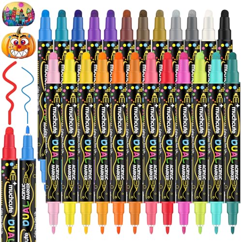 Acrylstifte für Steine Wasserfest 24 Acrylic Paint Marker Dual Tip 1-5mm（Punkt + Feine Spitze）Nicety Acrylstifte Acrylmarker Set für Textil Leinwand Glas Holz Papier Diy Arts Crafts Kinder Erwachsene von KOUSICOO