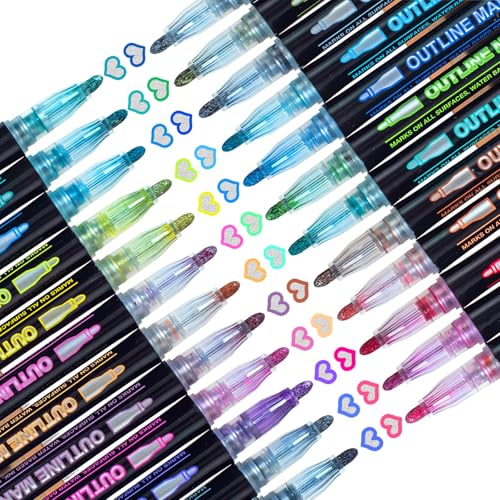 Glitzerstifte Outline Stifte Mädchen Geschenke: 24 Magische Stifte Double Line Adventskalender Kunsthandwerk Stift Metallic Marker Set Für Basteln, Weihnachtsgeschenke Für Kinder Mädchen 4 8 10 Jahre von KOUSICOO