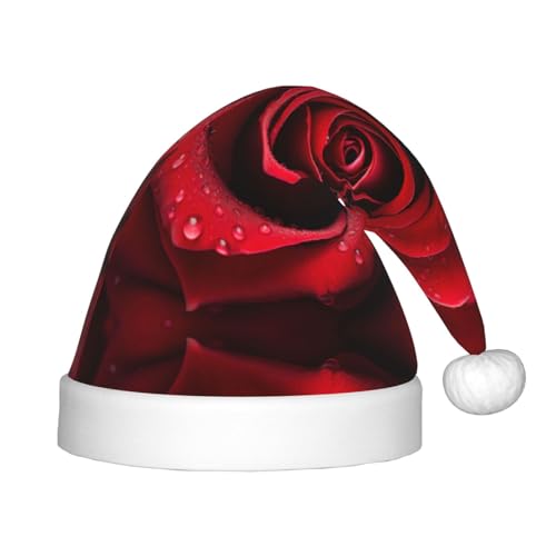 KOUUIP Weihnachtsmütze mit rotem Rosen-Aufdruck, für Erwachsene, Weihnachtsmannmützen für Weihnachten, Neujahr, Partyzubehör von KOUUIP