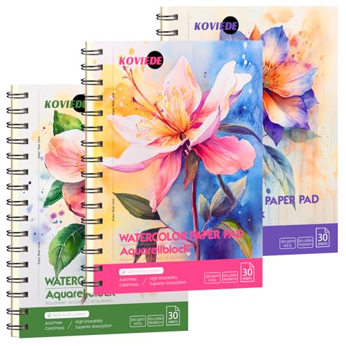 KOVIEDE 100% Baumwolle Aquarellpapier Pad - 3 Pack (90 Blätter) A5 300g/㎡ Cold Press Spiral gebundene Aquarell Skizzenbuch, Künstler Qualität Art Journal Supplies für Erwachsene von KOVIEDE