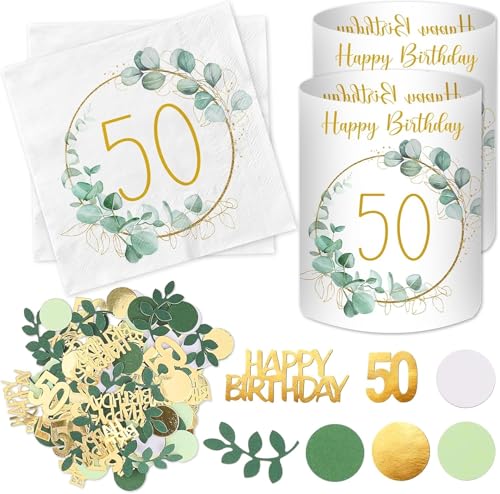KOVSGQ Servietten Geburtstag Geburtstagsdeko Frauen Tischdeko Geburtstags 20Stk Servietten 30. Geburtstag 12Stk Windlicht Tischdeko 100Stk Konfetti Deko Eukalyptus 30 Happy Birthday Deko für Frau Mann von KOVSGQ