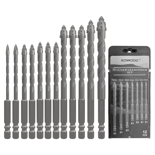 12 Teiliger Exzenterbohrer Set, Multifunktions Sägezahnbohrer Mit 4 Schneiden,1/4 Sechskantschaft, Powerbit Bohrer für Porzellan, Keramik, Fliesen, Beton, Ziegelwand, Glas (3–12 mm) von KOWOOD