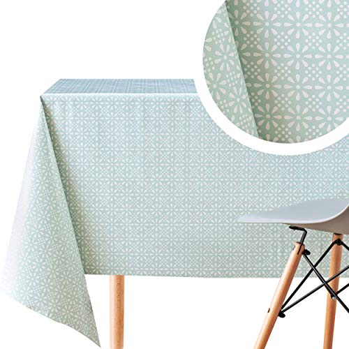 KP HOME Abwischbare PVC Tischdecke Rechteckig 300 x 140 cm, Wasserdichtes Kunststoff Wachstuch, Esstischdecke, Pflegeleicht, Für bis zu 10 Persons, Weich Mintgrün mit Geometrischem Retro-Blumenmuster von KP HOME
