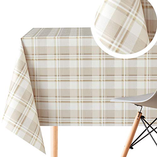 Abwischbare Tischdecke mit Schottenkaro-Muster, rechteckig, 250 x 140 cm, für rechteckige Tische bis zu 8 Sitzplätze, luxuriöses, strapazierfähiges Vinyl-PVC-Küchentisch, Wachstuch, beige, groß von KP HOME