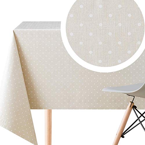 Creme Wachstuchtischdecke Beige mit weißem Punktmuster, Abwischbare PVC Wachstuch Rechteckige 250 x 140 cm 8 Sitz, Retro Gepunktet Tupfen Vinyl Tischdecke Wachstischdecke Pflegeleicht Wasserdichtes von KP HOME