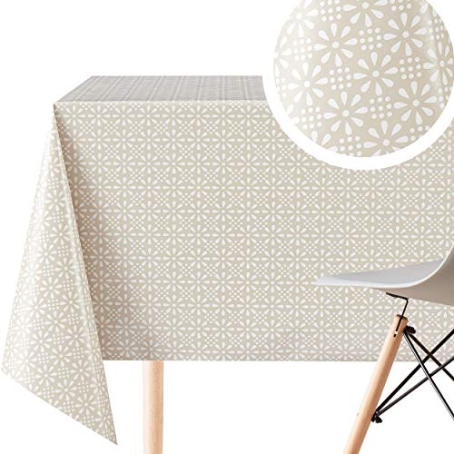 Elegante Wachstuchtischdecke Beige Retro Weiß Blumendruck, Abwischbare PVC Wachstuch Rechteckige 200 x 140 cm - Blumen Wachstischdecke Pflegeleicht Creme Vinyl-Kunststoff Tischdecke Wasserdichtes von KP HOME