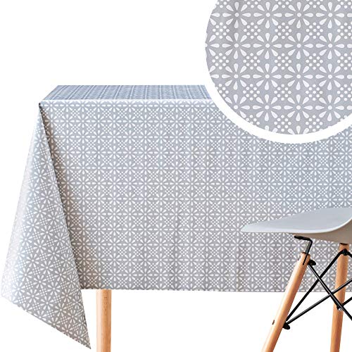 Große Grau Wachstuchtischdecke Weiß Klassisch Blumenmuster, Abwischbare PVC Wachstuch, Rechteckige 300 x 140 cm - Retro Blumen Wachstischdecke Pflegeleicht Vinyl-Kunststoff Tischdecke Wasserdichtes von KP HOME