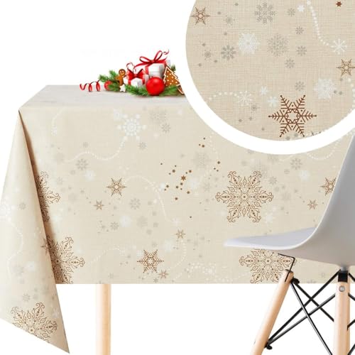 KP HOME Creme Wachstuchtischdecke Weihnachten PVC Tischdecke mit Schneeflocken - Abwischbare Wachstuch Rechteck Wachstischdecke Groß 250x140 Wasserdichtes Wachstuchtischdecke Vinyl Tischdecke Outdoor von KP HOME