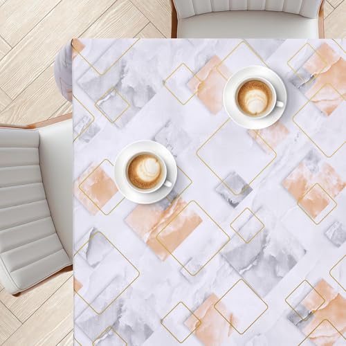 KP HOME Graue PVC Tischdecke Abwischbar Mit Luxuriösem Marmor-Muster – Quadratische Wachstischdecke 140x140cm, Wasserdichte Kunststoff Vinyl Wachstuch Mit Modernem Geometrischen Golddekor, Für Draußen von KP HOME