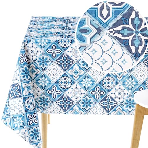 KP HOME PVC-Tischdecke, abwischbar, Weiß, Marineblau, Lissabon-Fliesenmuster, Tischdecke, abwischbar, rechteckig, portugiesisches Azulejo, Kunststoff-Tischdecke, 250 x 140 cm, PVC-Tischdecke, 8 Sitze von KP HOME