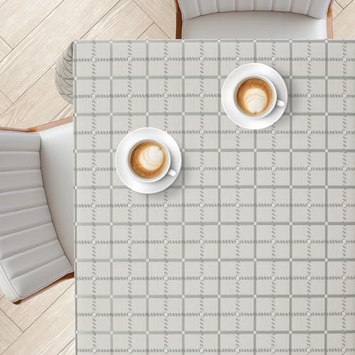 KP HOME PVC Tischdecke Abwaschbar – Quadratisch 140 x 140cm, Beige Wachstuchtischdecke mit Leinenoptik, Wasserfeste, Abwischbare Tischdecke mit Minimalistisches Karomuster, Für Außen & Innen von KP HOME