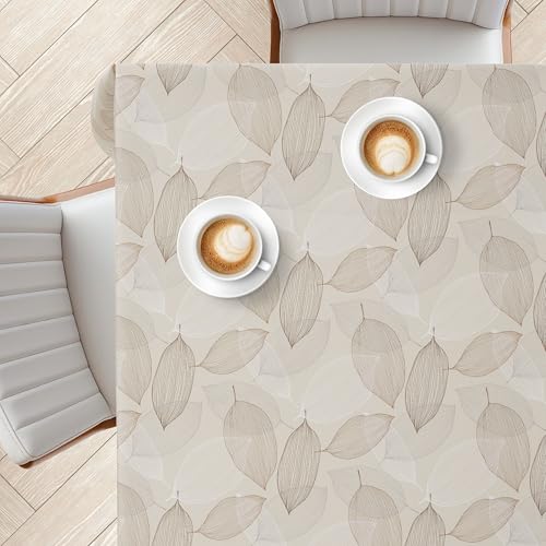 KP HOME PVC Tischdecke Abwaschbar – Quadratisch 140x140cm, Beige Wachstuchtischdecke mit Leinenoptik, Wasserfeste, Abwischbare Tischdecke mit Braune weiße Blätter, Für Außen & Innen von KP HOME