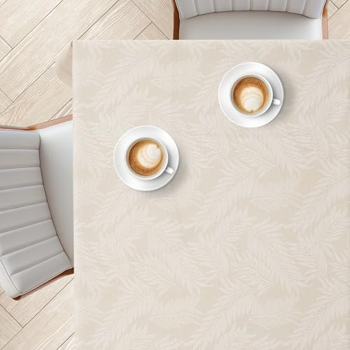 KP HOME PVC Tischdecke Abwaschbar – Quadratisch 140x140cm, Beige Wachstuchtischdecke mit Leinenoptik, Wasserfeste, Abwischbare Tischdecke mit Weiße Farnblätter, Für Außen & Innen von KP HOME