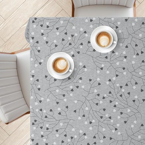 KP HOME PVC Tischdecke Abwaschbar – Quadratisch 140x140cm, Graue Wachstuchtischdecke mit Leinenoptik, Wasserfeste, Abwischbare Tischdecke mit Schwarz-Weißen Herzranken und Zweigen, Für Außen & Innen von KP HOME