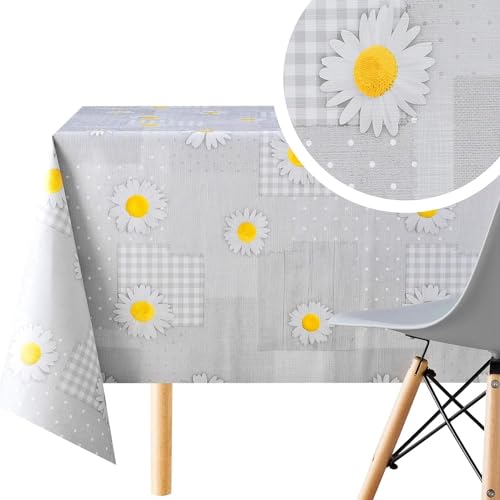 KP HOME PVC Wachstuchtischdecke Rechteckig 250x140 cm - Abwischbare Tischdecke Kunststoff Wasserdichtes für 8 Personen - Vinyl Tischtuch, Grau Margerite Kamille Blumen Patchwork-Design von KP HOME