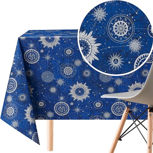 KP HOME PVC Wachstuchtischdecke Rechteckig 250x140 cm - Abwischbare Tischdecke Wasserdichtes für 8 Personen - Vinyl Tischtuch, Tischdecke Kunststoff Blau Astro Silver Starburst Design von KP HOME