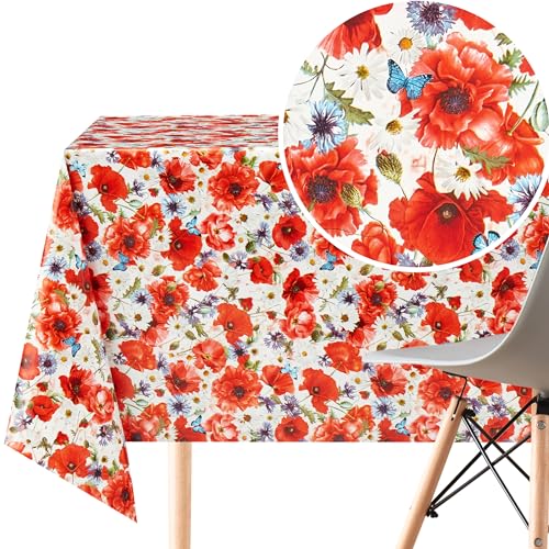 KP HOME PVC Wachstuchtischdecke Rechteckig 300x140 cm - Abwischbare Tischdecke Wasserdichtes für 10 Personen - Vinyl Tischtuch, Tischdecke Kunststoff mit Roten Mohnblumen, Blumenwiesenmuster KP HOME PVC Wachstuchtischdecke Rechteckig 300x140 cm - Abwischbare Tischdecke Wasserdichtes für 10 Personen - Vinyl Tischtuch, Tischdecke Kunststoff mit Roten Mohnblumen, Blumenwiesenmuster von KP HOME