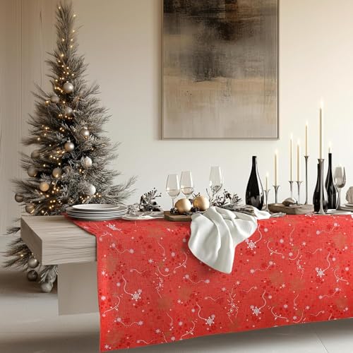 KP HOME Rot Wachstuchtischdecke Weihnachten PVC Tischdecke Abwischbare mit Schneeflocken Gold Sterne Wachstuch Rechteck 250 x 140 Wachstischdecke Wasserdichtes Wachstuchtischdecke Vinyl Tischdecke von KP HOME