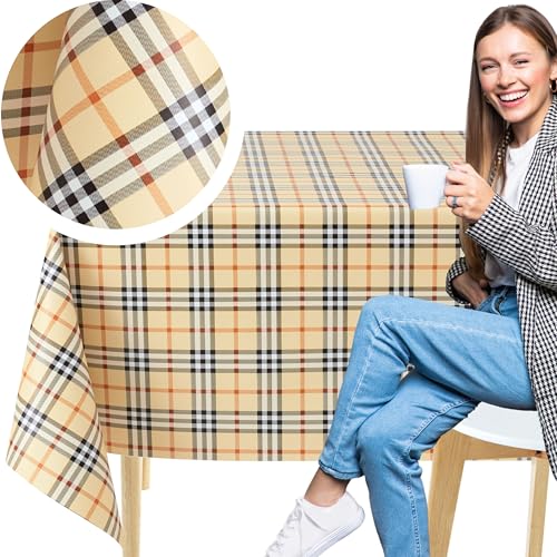 KP HOME Tischdecke Abwaschbar 140x140cm, Quadratische PVC Tischdecke Abwischbare, Wasserfest Esstischdecke für Innen & Außenbereich, Wachstuchtischdecke Wischfest mit Beigem Karo-Muster im Erbe-Stil von KP HOME