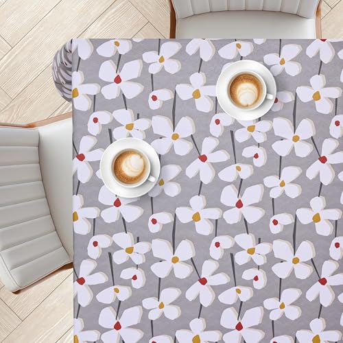 KP HOME Abwischbare Wachstuchtischdecke Quadratisch 140 x 140 cm Graue Kunststoff-Tischdecke mit schimmerndem Blumenmuster – PVC Tischdecke abwischbar für Draußen – Wasserdicht – Lebendiges Blumenmoti von KP HOME
