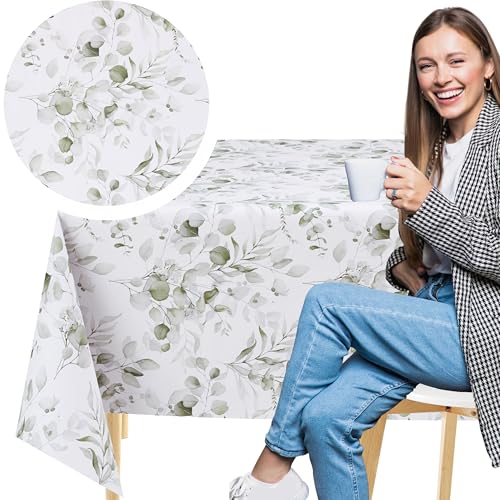 KP HOME Weiße PVC Tischdecke Abwischbar Mit Boho-Blättermuster – Quadratische Wachstischdecke 140x140cm, Wasserdichte & Abwischbare Kunststoff Vinyl Wachstuch Mit Grünen Eukalyptusblättern Für Draußen von KP HOME
