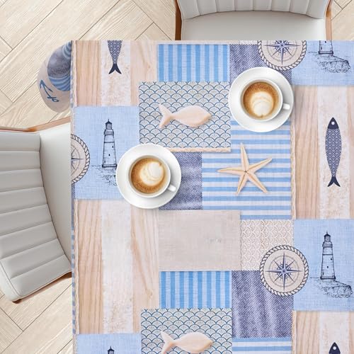 KP HOME Blaue PVC Tischdecke Abwaschbar Mit Maritimen Fischmuster – Quadratische Kunststoff Wachstischdecke 140x140 cm – wasserdichte & Abwischbare Vinyl Wachstuch In Beigem Farbton, Küstenzauber KP HOME Blaue PVC Tischdecke Abwaschbar Mit Maritimen Fischmuster – Quadratische Kunststoff Wachstischdecke 140x140 cm – wasserdichte & Abwischbare Vinyl Wachstuch In Beigem Farbton, Küstenzauber von KP HOME