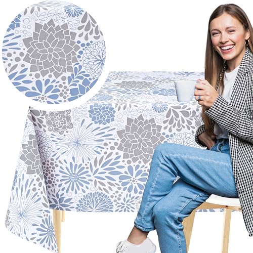 KP HOME Weiße PVC Tischdecke Abwischbar Mit Blauen Und Grauen Blumen – Rechteckige Wachstischdecke 200x140 cm – wasserdichte Und Abwischbare Kunststoff Vinyl Wachstuch - Florale Harmonie, Für Draußen von KP HOME