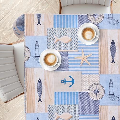 KP HOME Blaue PVC-Tischdecke Abwischbar Mit Nautischen Fischmuster – Rechteckige Wachstuchtischdecke 200x140cm – Wasserdichte Und Abwischbare Kunststoff-Tischdecke, Großes Vinyl Wachstuch Küstenzauber von KP HOME