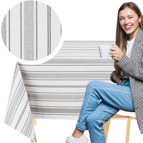KP HOME Weiße Und Graue PVC Tischdecke Abwischbar Mit Öko-Streifenmuster – Rechteckige Wachstischdecke 200x140 cm – Wasserdichte Und Abwischbare Kunststoff-Tischdecke Mit Leinenoptik – Vinyl Wachstuch von KP HOME