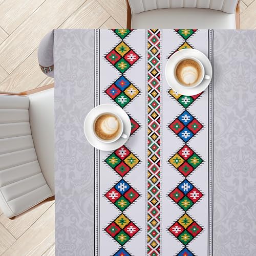 KP HOME Graue PVC Tischdecke Abwischbar Mit Elegantem Indischen Druck – Rechteckige Kunststoff Wachstischdecke 200x140cm – Wasserdichte & Abwischbare Vinyl Wachstuch Mit Volkskunst-Läuferdekor Draußen von KP HOME