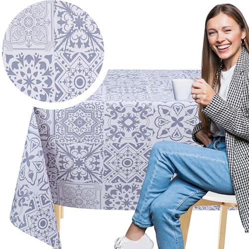 KP HOME Blau Graue PVC Tischdecke Abwischbar Mit Porto-Fliesenmuster – Rechteckige Kunststoff Wachstischdecke 200x140 cm – wasserdichte Und Abwischbare Tischdecke Aus Vinyl Wachstuch Für Draußen von KP HOME