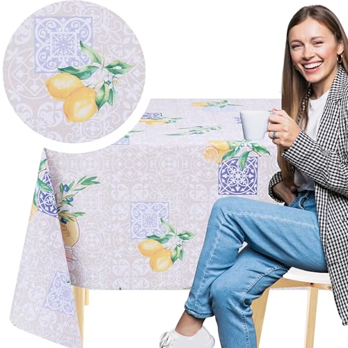 KP HOME Beigefarbene PVC Tischdecke Abwischbar Mit Blauen Porto-Fliesen Und Zitronen – Rechteckige Wachstischdecke 200x140 cm – wasserdichte & Abwischbare Kunststoff Vinyl Wachstuch Mit Olivenzweigen von KP HOME