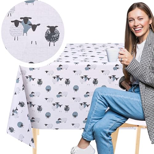 KP HOME Graue PVC Tischdecke Abwischbar Mit Verspieltem Schaf-Print – Rechteckige Wachstischdecke 200x140 cm – Abwischbare Kunststoff-Tischdecke Für Kinder – Wasserdichtes Vinyl-Wachstuch Für Draußen von KP HOME