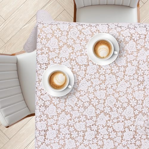KP HOME Tischdecke abwaschbar 137x137cm, Quadratische PVC Tischdecke mit Spitzendesign, Abwischbare Wasserfeste Esstischdecke für Innen- und Außenbereiche, Wachstuchtischdecke mit Weißem Rosen-Muster KP HOME Tischdecke abwaschbar 137x137cm, Quadratische PVC Tischdecke mit Spitzendesign, Abwischbare Wasserfeste Esstischdecke für Innen- und Außenbereiche, Wachstuchtischdecke mit Weißem Rosen-Muster von KP HOME