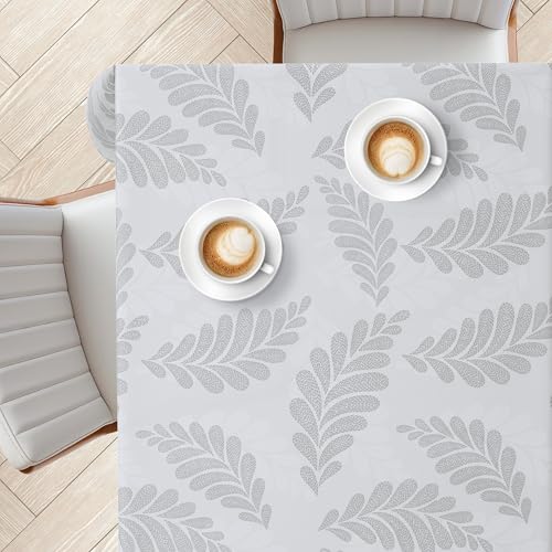 KP Home Tischdecke Abwaschbar 200x140cm, Rechteckig PVC Tischdecke, Pflegeleicht & Wasserfest, Innen- und Außenbereich Abwischbare Wachstuchtischdecke mit Leinenoptik, Silbergrau mit Kieselfarnblätter von KP HOME