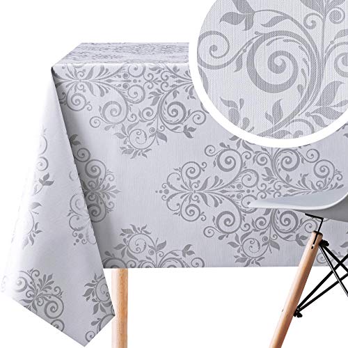 Wachstuchtischdecke Barock Damast Arabeske Grau und Silber - Geprägtes Rechteckige 200 x 140 cm - Abwischbare PVC Tischdecke Wasserabweisend- Elegant Ranken Orientalische Vinyl Wachstuch Pflegeleicht von KP HOME