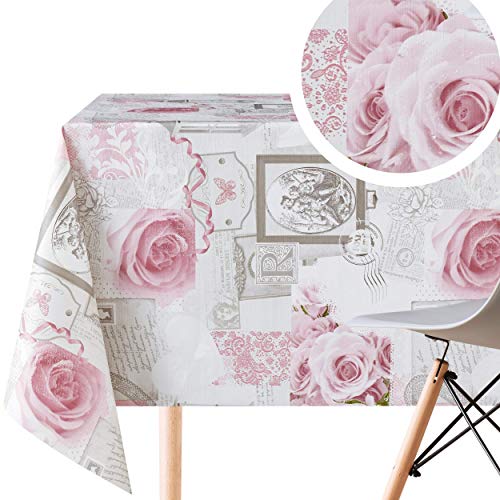 Grau Wachstuch mit Staubrosa Rosen Shabby Chic Stil und weiß Spitze Muster - Abwischbare PVC Wachstuchtischdecke Wasserabweisend Rechteckige 200 x 140 cm - Strapazierfähiges Tischdecke - Vintage Stil von KP HOME